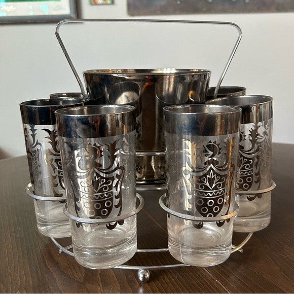 Vintage MCM Kimiko Silver Heraldic Highball Glassware Barware Caddy - Picture 2 of 11
